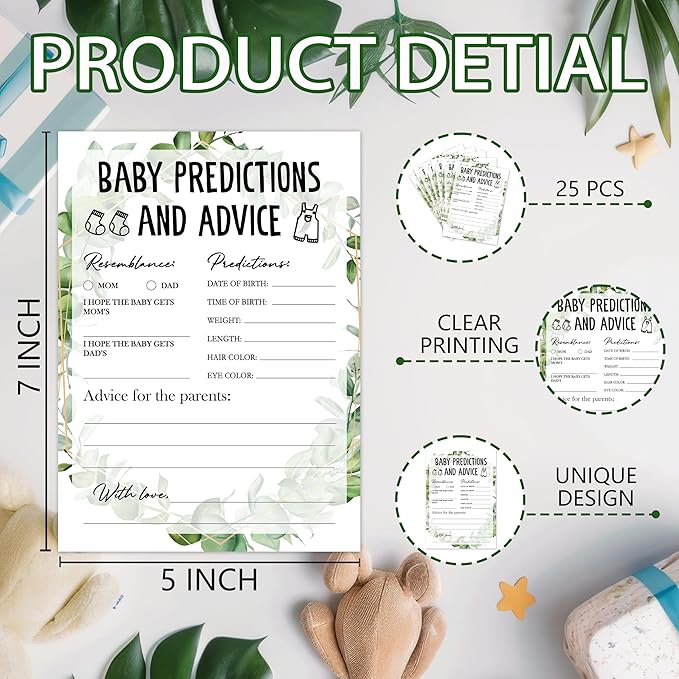 Greenery Eucalyptus Baby Shower Game Cards, Tropical Jungle Gender Reveal Party Supplies, Neutral Design for Boys Girls, 30 Set Gifts for New Parents (Green010)