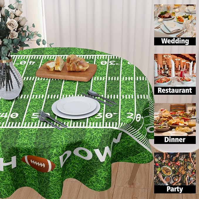 Football Round Tablecloth 60 Inch Rugby Football Pattern Circle Table Cloth Green Table Cover Washable Polyester Indoor Decorations for Home Kitchen Dinning Party
