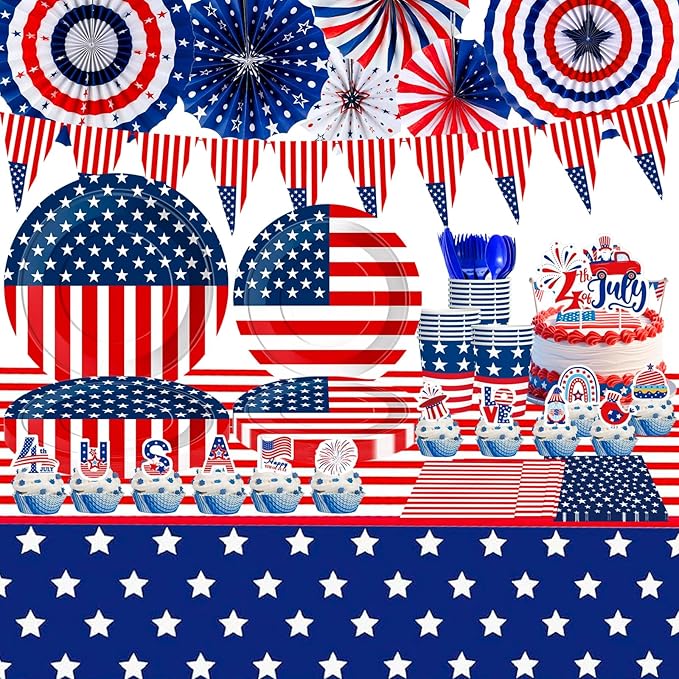 4th/Fourth of July Patriotic Decorations Set Stars and Stripes Old Glory Banner American Flag Hanging Paper Fans Cake Toppers Plates Tableware Tablecloth for USA Independence Day Party Decor Supplies