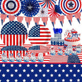 4th/Fourth of July Patriotic Decorations Set Stars and Stripes Old Glory Banner American Flag Hanging Paper Fans Cake Toppers Plates Tableware Tablecloth for USA Independence Day Party Decor Supplies