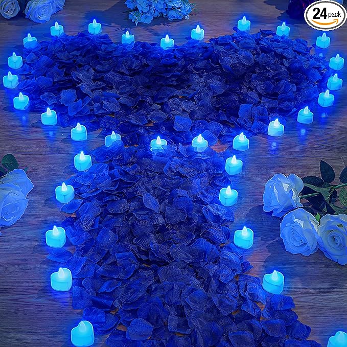 VIHOSE 4000 Pcs Artificial Rose Petals with 24 Pcs LED Tea Lights Candles Flameless LED Candles Fake Rose Petals for Wedding Birthday Party(Blue Light, Blue Petal)