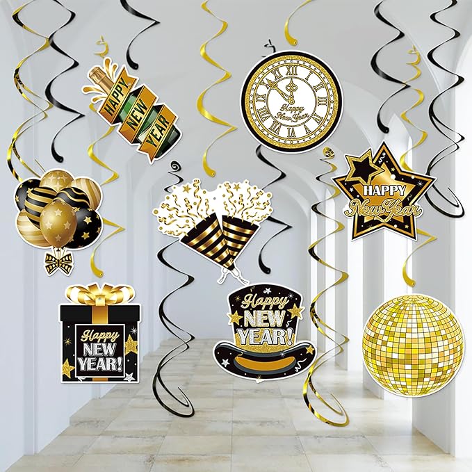 Happy New-Years Eve Party-Decorations Iridescent-Streamers - 8pcs Neon Glitter Holographic 2025 Nye Hanging Swirls Banner Supplies, Classroom Ceiling Garland Indoor Holiday Decor Panduola