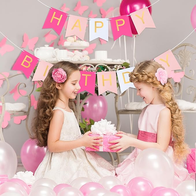Pink Happy Birthday Banner -Roseo Pink White Hanging Backdrop Sign with Gold Letters, Happy Birthday Sign Bunting Decorations for Women men Kids Baby Shower Party Supplies (13pcs)