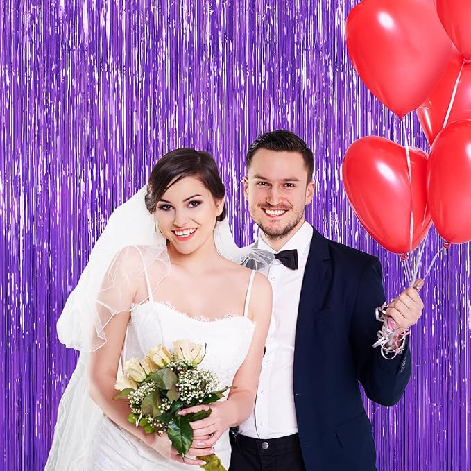 2 Pack Purple Foil Fringe Curtains, 3.3ft x 6.6ft Streamer Foil Curtain, Tinsel Backdrop for Birthday Party, Christmas Decor, Wedding Engagement Baby Shower Bachelorette Party Decorations