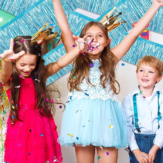 3 Pack 10 Ft Light Blue Foil Fringe Garland Metallic Streamers Tinsel Banner Wall Hanging Garland Backdrop for Parade Floats, Halloween, Christmas, Thanksgiving, New Year Party Decorations