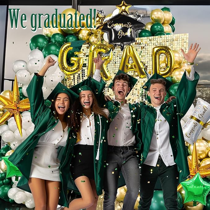 Green Graduation Balloon Garland Arch Kit 115PCS with Graduation Star print Certificate Letter Mylar Foil Balloons for Graduate Class of 2026 Grad Prom party Decorations Supplies (Green Gold White)