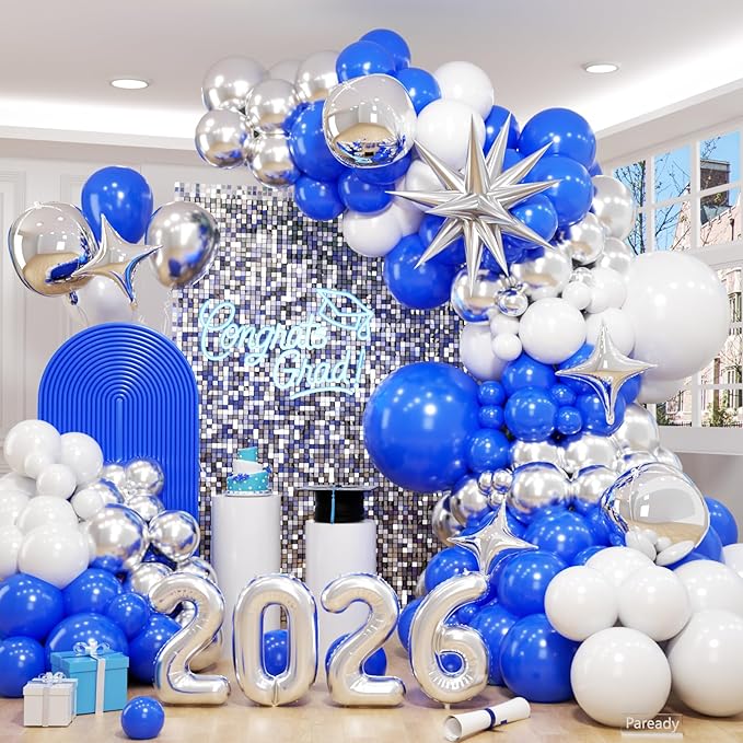 Blue Silver White Balloons Arch Kit, Blue White Balloon Arch with 4D Silver Star Graduation 2026 Foil Balloon Banner, Royal Metallic Balloons for Class of 2026 Graduation Decoration Birthday Party
