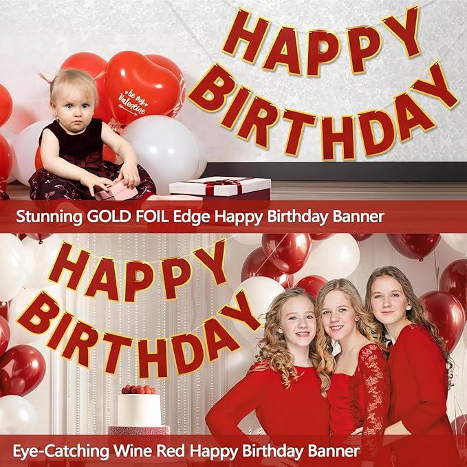 Happy Birthday Banner - 9ft Pre-Strung Happy Birthday Sign for Women, Men, Girls, Boys - No DIY Birthday Decorations & Party Supplies(Wine Red)