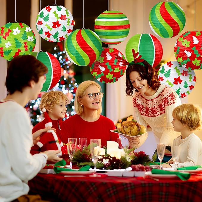 ADLKGG Christmas Party Decorations, Red Green Christmas Trees Bell Candies Printed Paper Lantern Decorative for Holiday Xmas Party Baby Shower Birthday Indoor Outdoor, 12Pcs