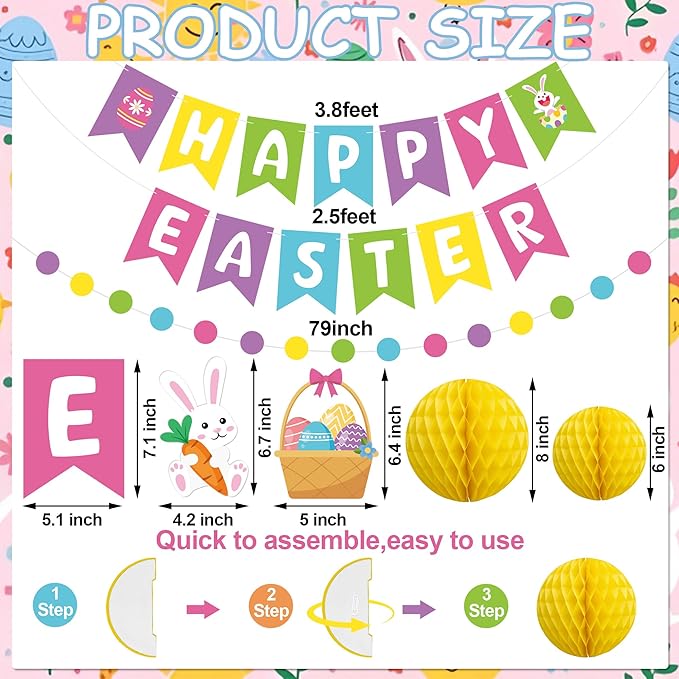 Pre-strung Easter Party Decorations Happy Easter Banner with Honeycomb Balls Egg Bunny Hanging Swirls Colorful Circle Dots Garland for Spring Party Home Classroom Office Hanging Decoration