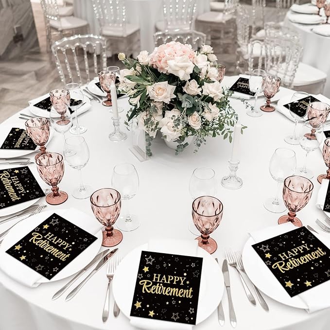 100 Pack Retirement Paper Napkins Retirement Party Decorations Happy Farewell Celebration Graduations Supplies We Will Miss You Napkins for Retired Decor Favors Black Gold Teacher
