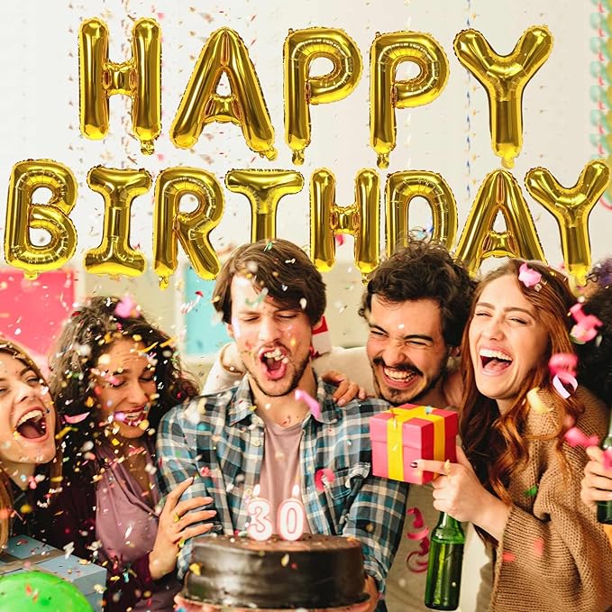 KALOR Gold Happy Birthday Balloons Banner, 16 Inch Mylar Foil Letters Balloon Sign for Birthday Party Decorations Photo Booth Backdrop