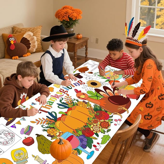Thanksgiving Giant Coloring Poster,72 x 30 Inches Large Fall Thanksgiving Tablecloth/Banner for Kids DIY Coloring Tablecovers Gifts Turkey Pumpkin Fruits Fall School Classroom Home Party Supplies
