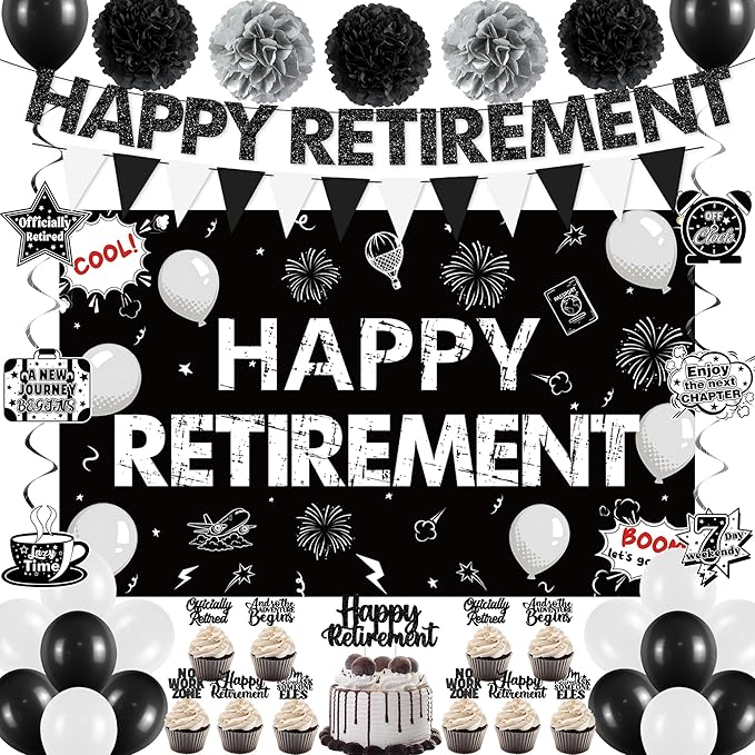 Holkcog Retirement Party Decorations, Black White Happy Retirement Banner Backdrop Paper Fan Hanging Swirls for Coworker, I'm Retired Cupcake Topper for Retiring Women Men Party Supply