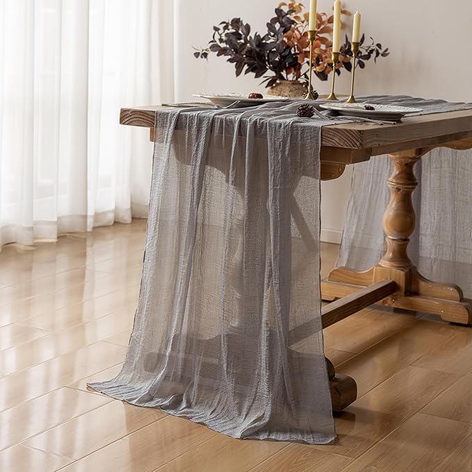 Keketoarrange Grey Spring Easter Gauze Rustic Cheesecloth Table Runner 120 Inch 10 FT for Wedding Baby Shower Bridal Shower Birthday Engagement Garden Outdoor Party Long Sheer Boho Decorations