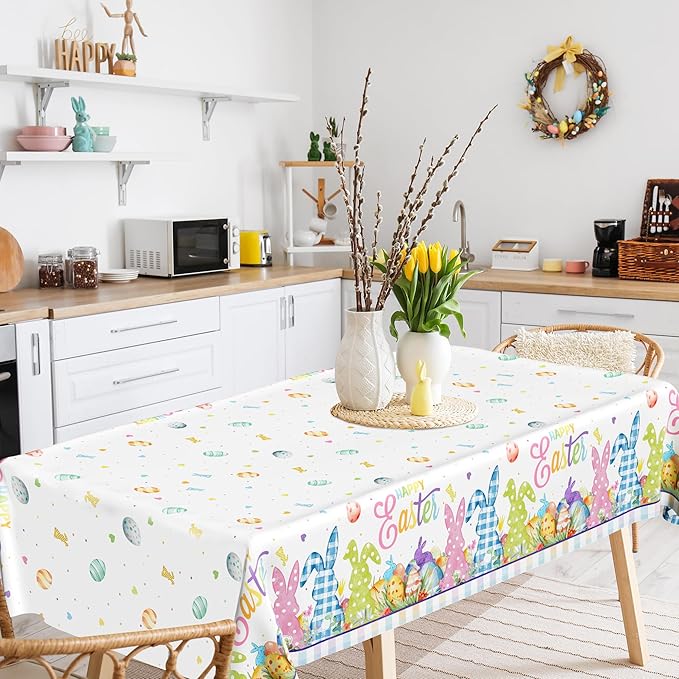 2 Pack Easter Tablecloth, 54" x 108" Easter Decorations, Rectangular Spring Tablecloths for Party Supplies, Colorful Eggs Bunny Flower Disposable Plastic Table Cloths for Easter Decorations for Home