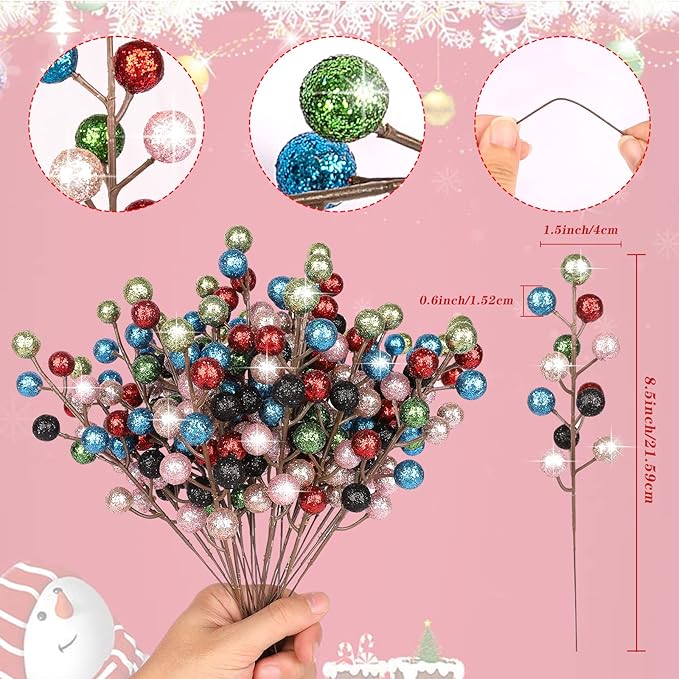 HOHOTIME 24 Pack Artificial Berry Stems Branches, Christmas Faux Holly Colorful Berries Branches Ornaments for Christmas Tree Wreath DIY Craft Decorations Holiday Home Decor(Colorful)