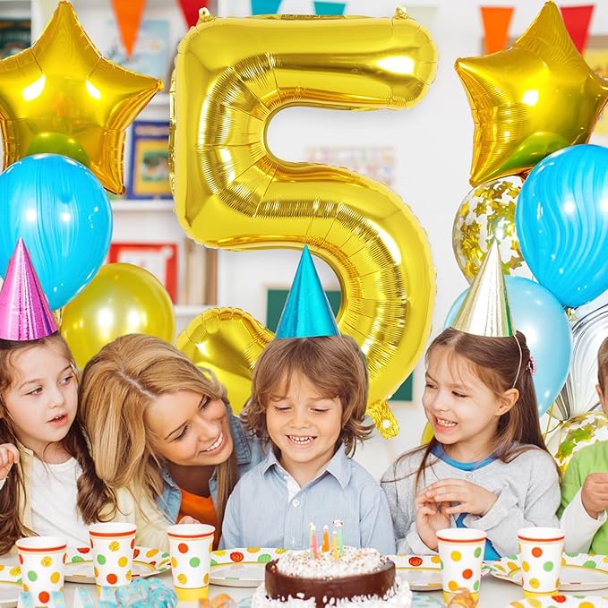 Gold Number 5 Balloon 40 Inch, Big Large Foil Helium Number Balloons, Jumbo Giant Mylar Number 5 Balloons for 5 Year Old Birthday Gold Party Decorations