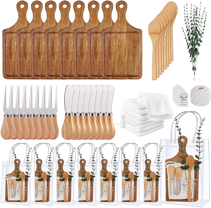 Baby Shower Prizes for Game Winners Bamboo Cheese Board Spoon Fork Butter Spreaders Plaid Towel Thank You Card and Gift Bags for Baby Shower Wedding Bridal Shower Favors (Acacia, 8 Sets)