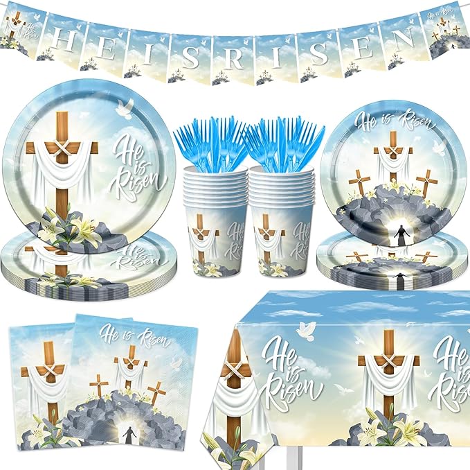 He is Risen Party Supplies, 142Pcs Easter He is Risen Decoration Tableware Set Include Easter Religious Plates and Napkins,Cups,Banner,Tablecloth for Spring Christian Party Supplies