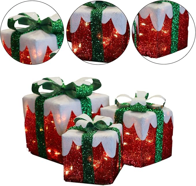 MorTime Set of 3 LED Boxes with Green Bows, Lighted Red Boxes with 60 LED Light String for Christmas Indoor Outdoor Home Yard Party Decoration