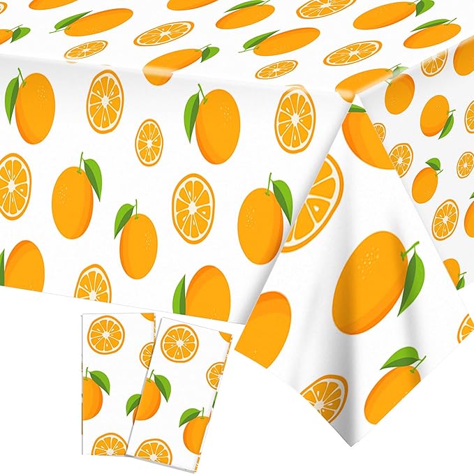 2-Pack Orange Party Tablecover Fruit Orange Pattern Plastic Tablecloths – 54 x 87 Inch Little Cutie Disposable Waterproof Table Covers for Summer Parties, Picnics, Kitchen & Dining Decor