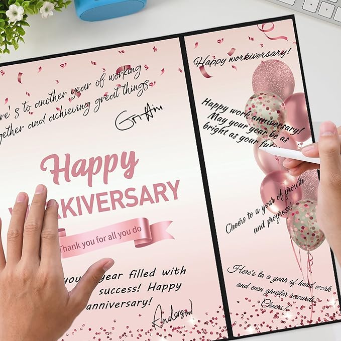 DARUNAXY Rose Gold Happy Workiversary Party Decorations, Happy Work Anniversary Alternative Signature Guest Book for Women Pink Employee Business Gifts Signing Card Board for Office Supplies