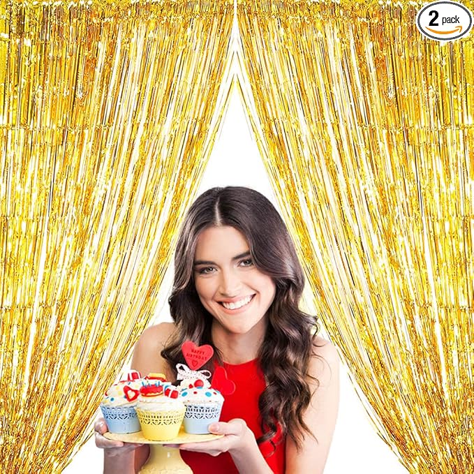 Gold Backdrop Fringe Curtain for Party Decor -6.5x6.5ft, Pack of 2 | Gold Foil Curtain Backdrop Tinsel Streamers for Bachelorette Party Baby Shower Graduation Birthday Wedding Photo Booth Backdrops