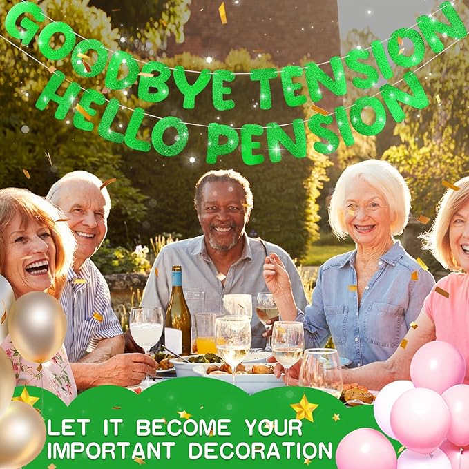 Retirement Banner Pre-Strung GOODBYE TENSION HELLO PENSION Banner Glitter Retirement Party Supplies Decorations for Women Men Office Home Decor (Green)