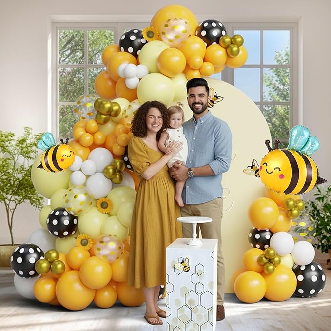 Bee Balloon Arch Kit, Black Yellow White Gold Balloon Garland with Bee Foil, Sunflower Decor for Bee Birthday, Baby Shower, Gender Reveal, Party Decorations