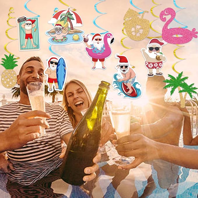 Hawaiian-Tropical Christmas Party-Decorations Streamers - 10Pcs Flamingo Pineapple Palm Leaves Hanging Swirl Ceiling Decor,Summer Pool Beach Birthday Merry Snata Banner Supplies Hugtmr