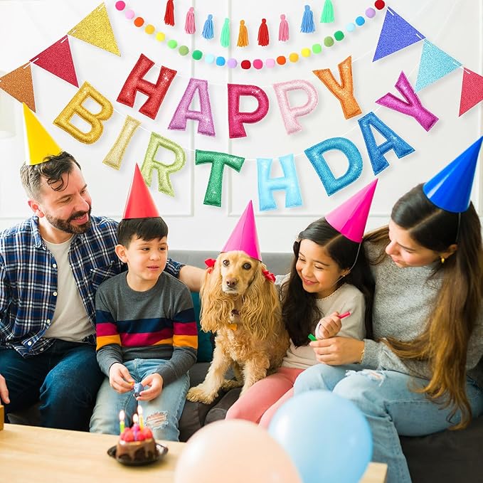 5 Pcs Pre-strung Rainbow Happy Birthday Banner Set, Felt Glitter Happy Birthday Garland with Ball Garland, Pennant Flags and Tassels, Birthdays Party Decorations for Kids and Adults