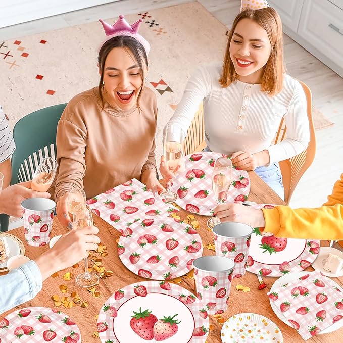 Strawberry Birthday Decorations,144Pcs Strawberry Party Plates,Napkins,Cups Strawberry Party Supplies Summer Fruit Tableware Set for Girls Baby Shower,Berry First Birthday Decor