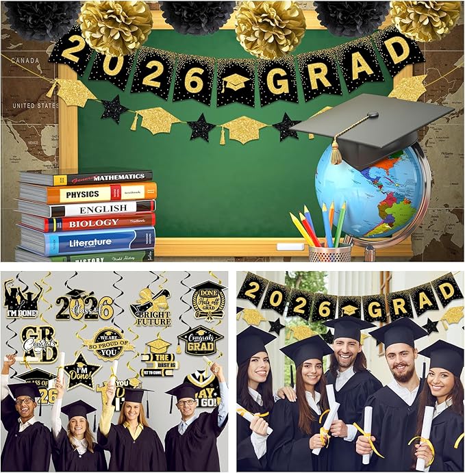 Black and Gold Graduation Decorations, 2026 Grad Banner and Congrats Grad Hanging Swirls, Black and Gold Graduation Banner Graduations Hanging Swirls College Graduations Party Decoration Class of 2026