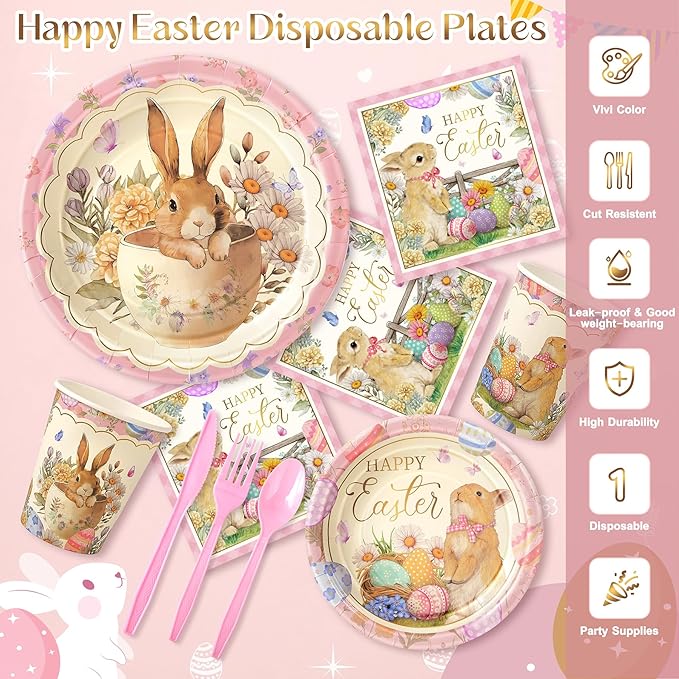 168PCS Happy Easter Party Supplies, Bunny and Eggs Paper Plates Napkins Cups and Cutlery, Easter Floral Disposable Tableware for Holiday Decor, Spring Wildflower Party Decorations