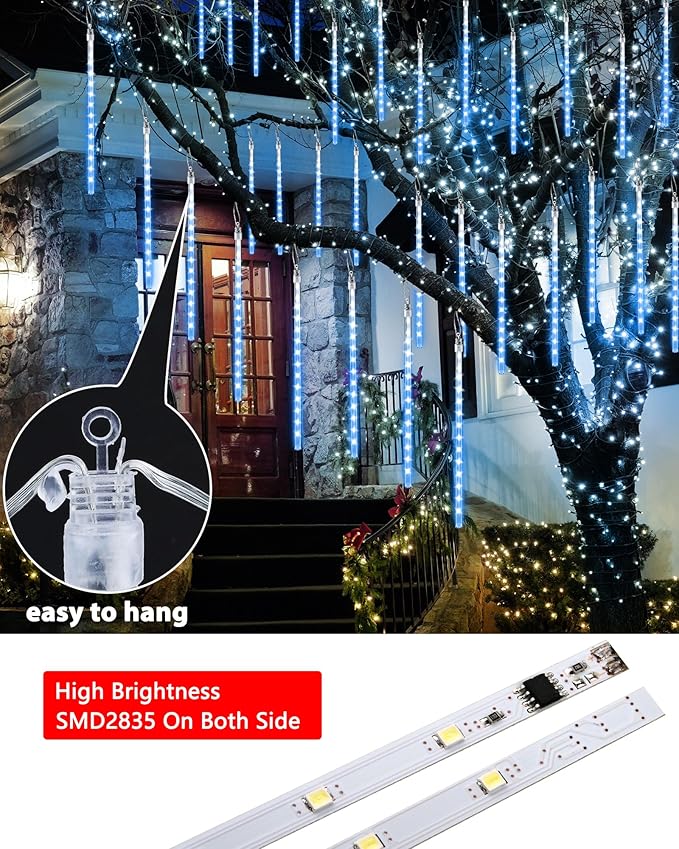 iBaycon 20 Tubes 480 LED Meteor Shower Rain Lights, 11.8 inches Cascading Icicle Lights Waterproof Outdoor, Connectable Falling Raindrop Lights with Timer for Holiday Party Christmas Decorations