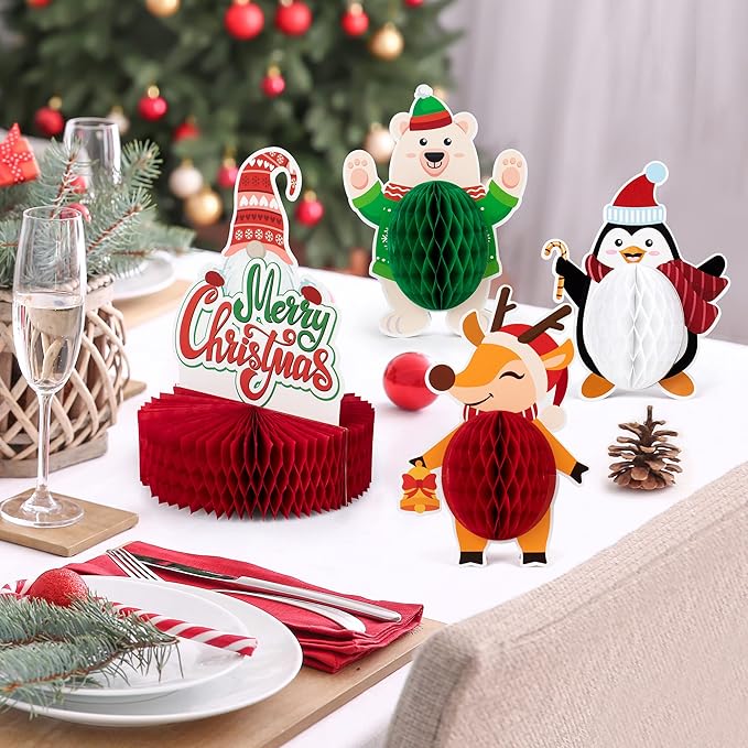 Mocoosy 12 Pack Christmas Party Honeycomb Centerpieces for Table Decorations, Xmas Center Pieces Table Topper with Gnome Santa Snowman Tabletop Centerpieces Decor Holidays Winter Office Party Supplies