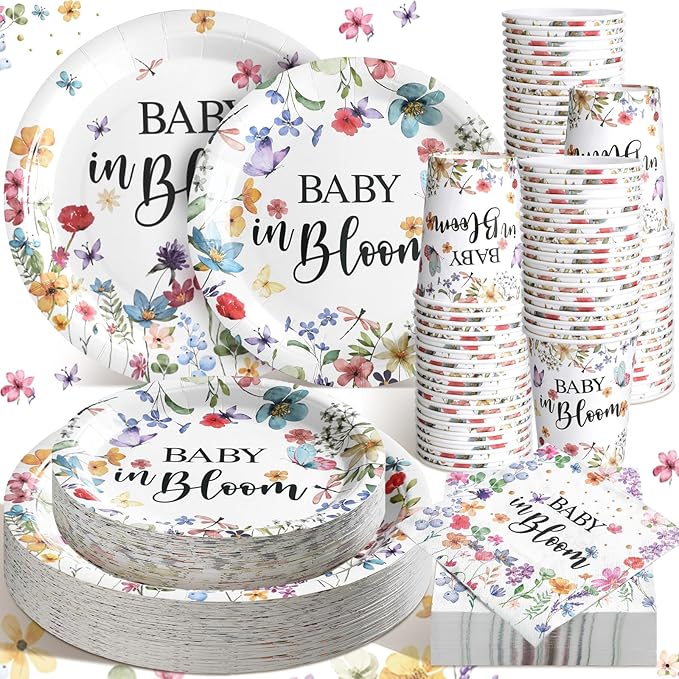 Hsei 250 Pcs Baby in Bloom Baby Shower Decorations Wildflower Plates and Napkins Set Floral Party Tableware Set for 50 Guests Floral Disposable Plates Napkins Cups for Birthday Party Supplies