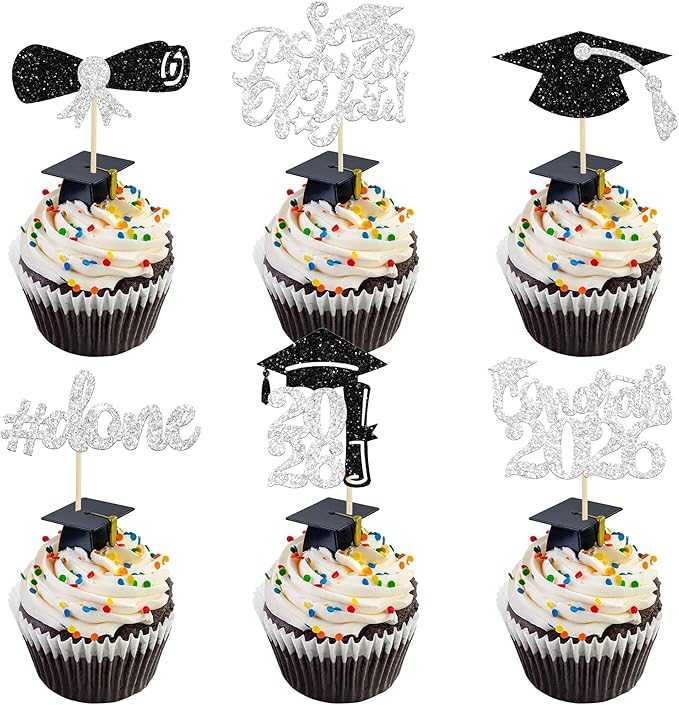 Gyufise 24Pcs Graduation Cupcake Toppers 2026 Silver Glitter Class of 2026 Cupcake Toppers Supplies So Proud of You Congrats Grad Cap Diploma Cupcake Picks for Graduation Party Decorations