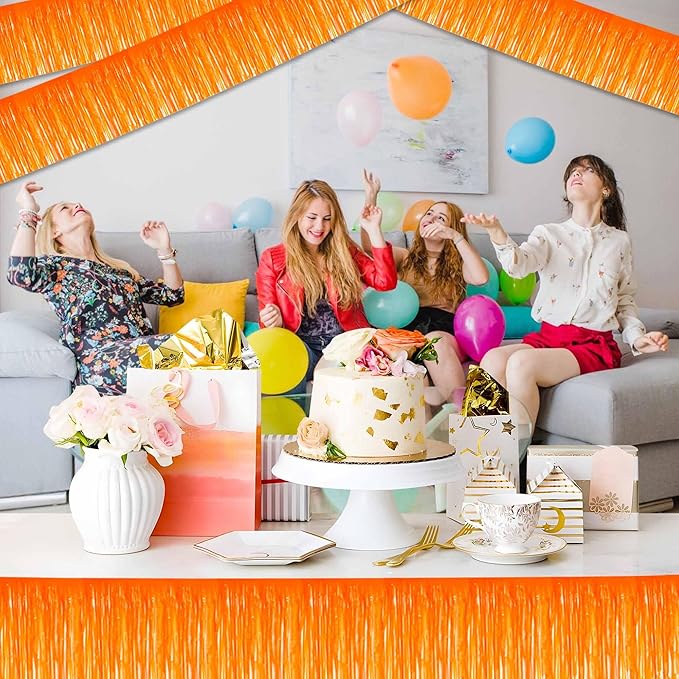 3 Pack 10 Ft Macaron Orange Foil Fringe Garland Metallic Streamers Tinsel Banner Wall Hanging Garland Backdrop for Parade Floats, Halloween, Christmas, Thanksgiving, New Year Party Decorations
