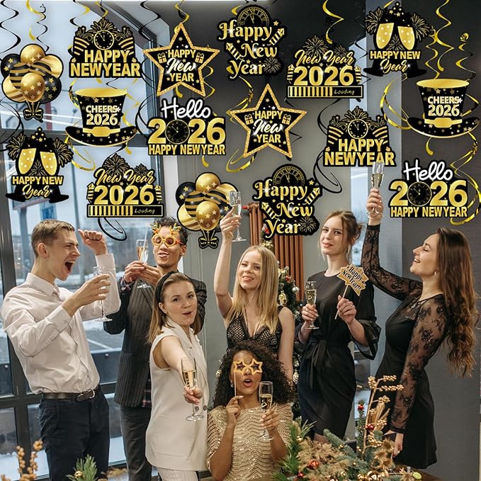 2026 Happy New Year Hanging Swirls, 40Pcs Black and Gold New Years Eve Party Ceiling Swirls Streamer for 2026 New Years Hanging Decorations
