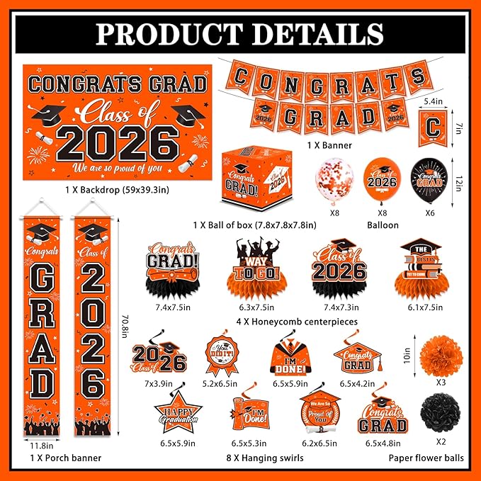 Graduation Decorations 2026 Orange Party Decor Set with Congrats Grad Banner, Class of 2026 Backdrop, Balloons, Box & Streamers Supplies for High School & College Celebrations