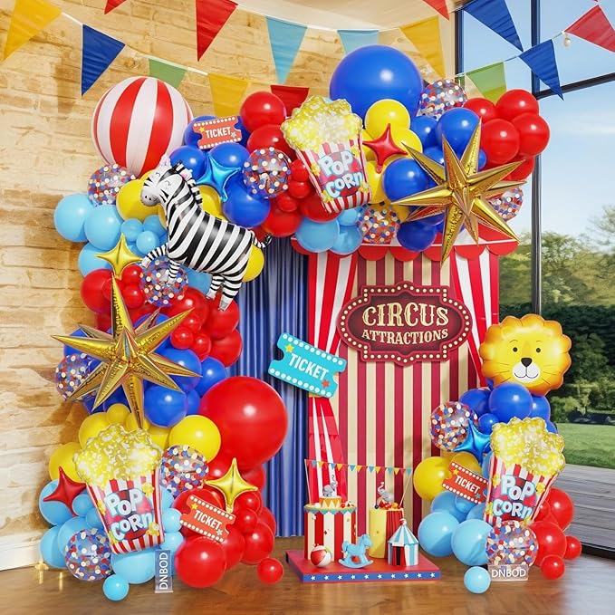 Carnival Circus Balloon Arch Kit,146Pcs Red Yellow Blue Balloon Garland with 4D Red White Stripe,Popcorn,Zebra,Lion,Explosion Star Foil Balloons for Birthday Carnival Circus Theme Party Decorations