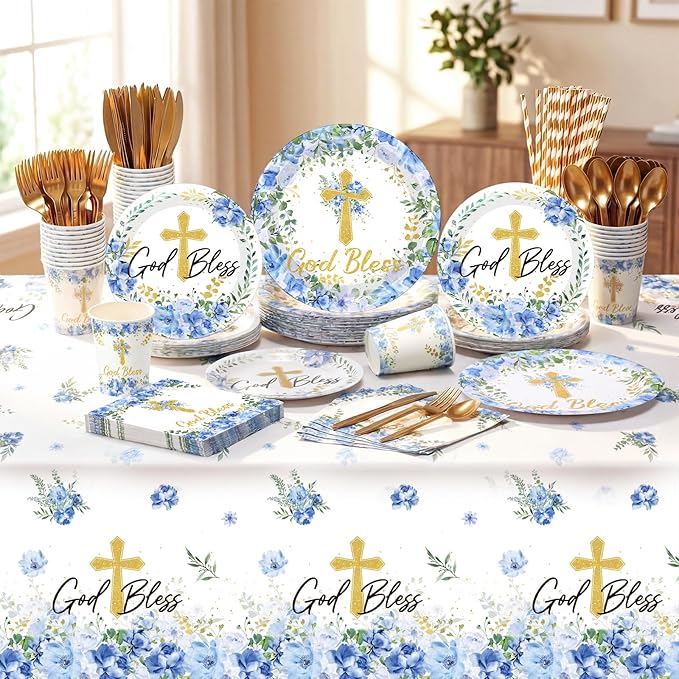 LemonRoad 452 Pcs God Bless Baptism Theme Party Decoration for 50 Gold Bless Flower Disposable Paper Plate Napkin Cup Tablecloth Cutlery Straw First Holy Communion Supplies for Christening Baby Shower