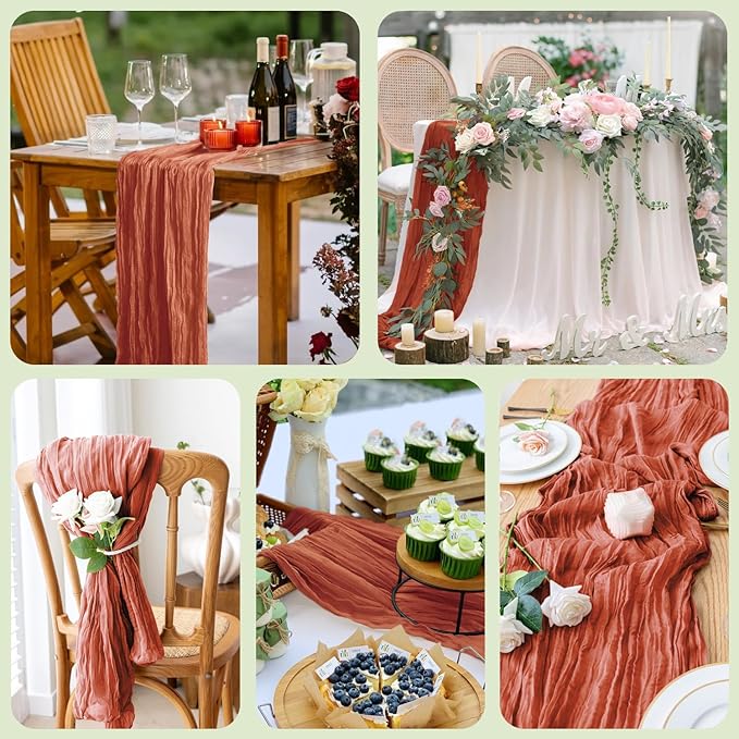 Wokceer Fall Table Runner Cheesecloth 10FT Boho Gauze Terracotta Cheese Cloth Table Runner Christmas Thanksgiving Rustic Sheer Runners for Baby Bridal Shower Wedding Easter