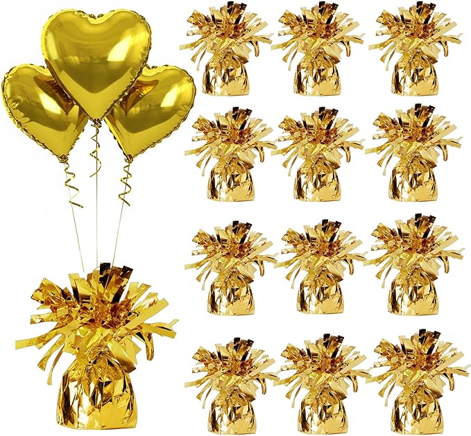 Aluminum Foil Balloon Weights for Parties (12 pcs) - 0.31lb (140g) Each - Premium Balloon Anchors for Birthday, Wedding, Dinner, Indoor & Outdoor Decorations(Gold 12pcs)