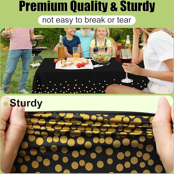 Smiry Disposable Table Cloth - 6 Pack, 54 x 108 Inch Waterproof Rectangle Tablecloths for Parties, Decorative Plastic Table Cover, Leakproof & Sturdy, Black & Gold