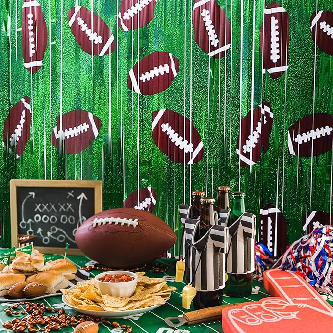 Football Party Decorations Photo Booth Prop, 2 Pcs 3.3x6.6 ft Foil Fringe Curtain Backdrop for Sports Party, Football Themed Decoration