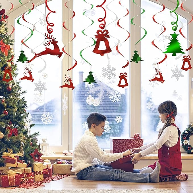 Christmas Party Decorations Foil Hanging Ceiling Swirls (30Pcs Fully-Assembled) Reindeer Bell Christmas Tree Snowflake Swirls for Porch Home House Bar, Christmas Holiday Supplies Decorations