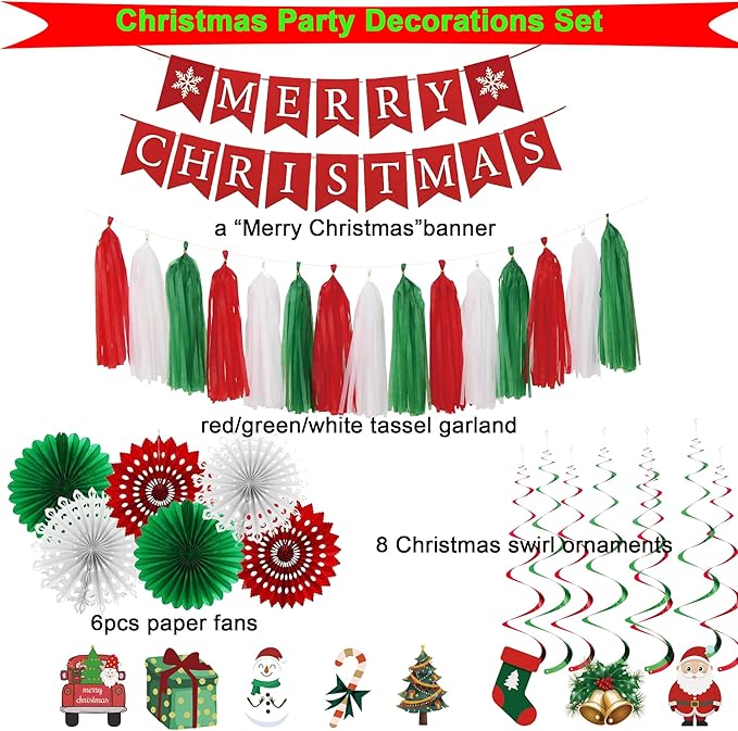 Christmas Party Decorations Set – Merry Christmas Banner, Red Green White Tassel Garland, Paper Fans & Hanging Swirl Ornaments with Xmas Cutouts – Holiday Christmas Decorations for Home, Office, School